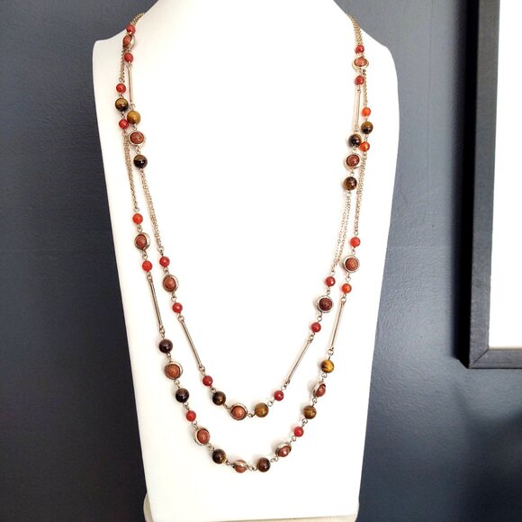 Long tiger's eye, orange glass and rust sparkle beaded 2 strand necklace - Picture 2 of 15